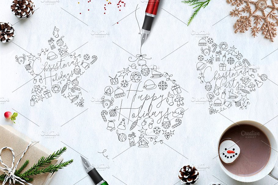 圣诞节节日主题设计插画素材合集 Christmas Holidays One Line插图(4)