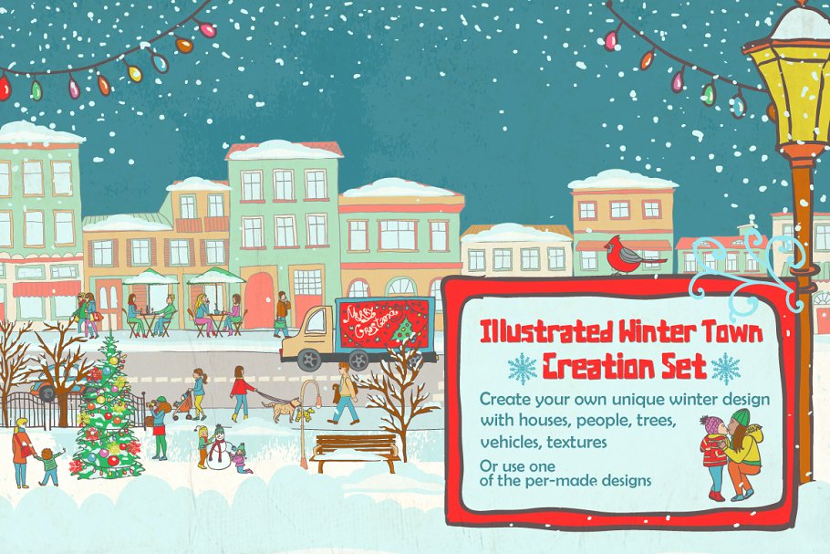 冬天的欧美小镇手绘设计素材 Illustrated Winter Town Creation Set插图