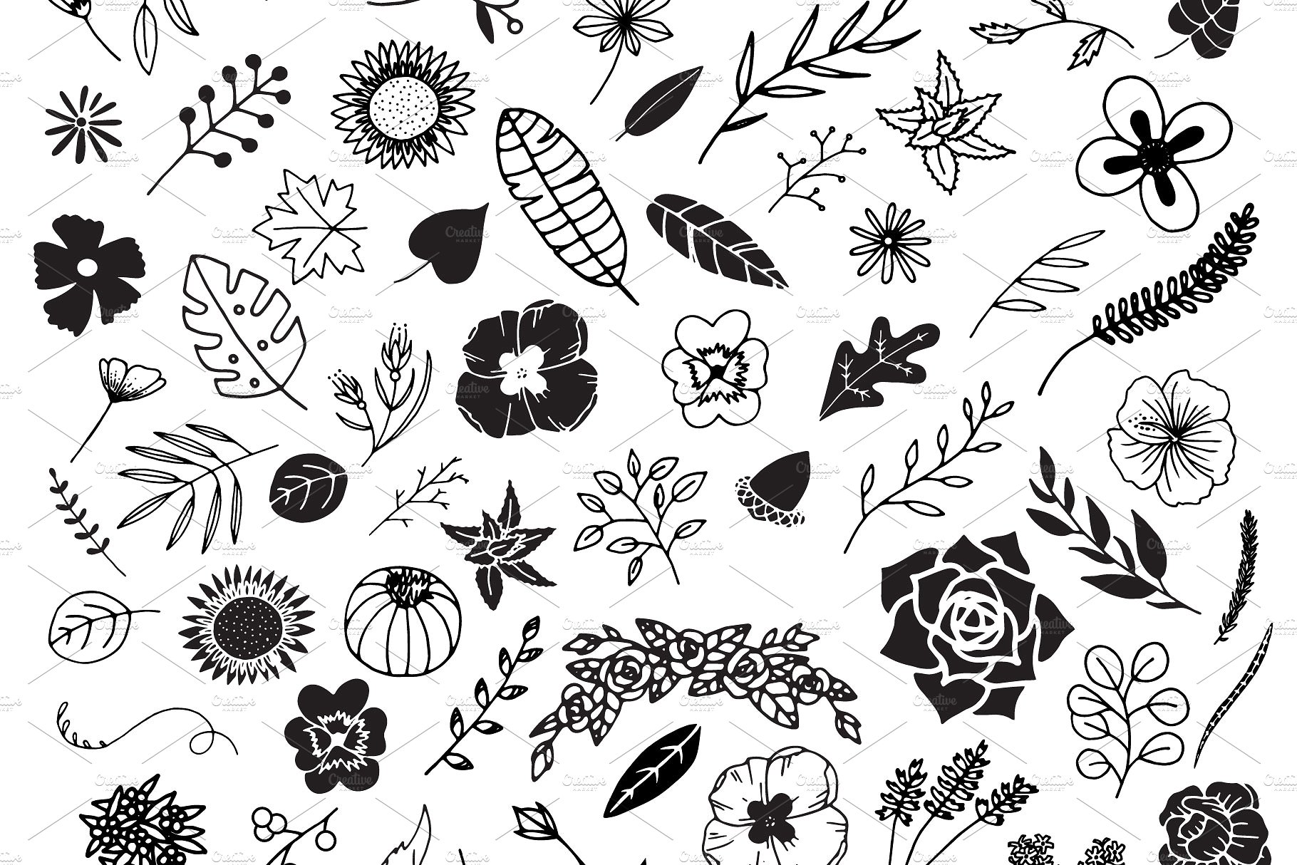 300幅手绘线条艺术风格花卉剪贴画 300 Hand Drawn Florals插图(5)