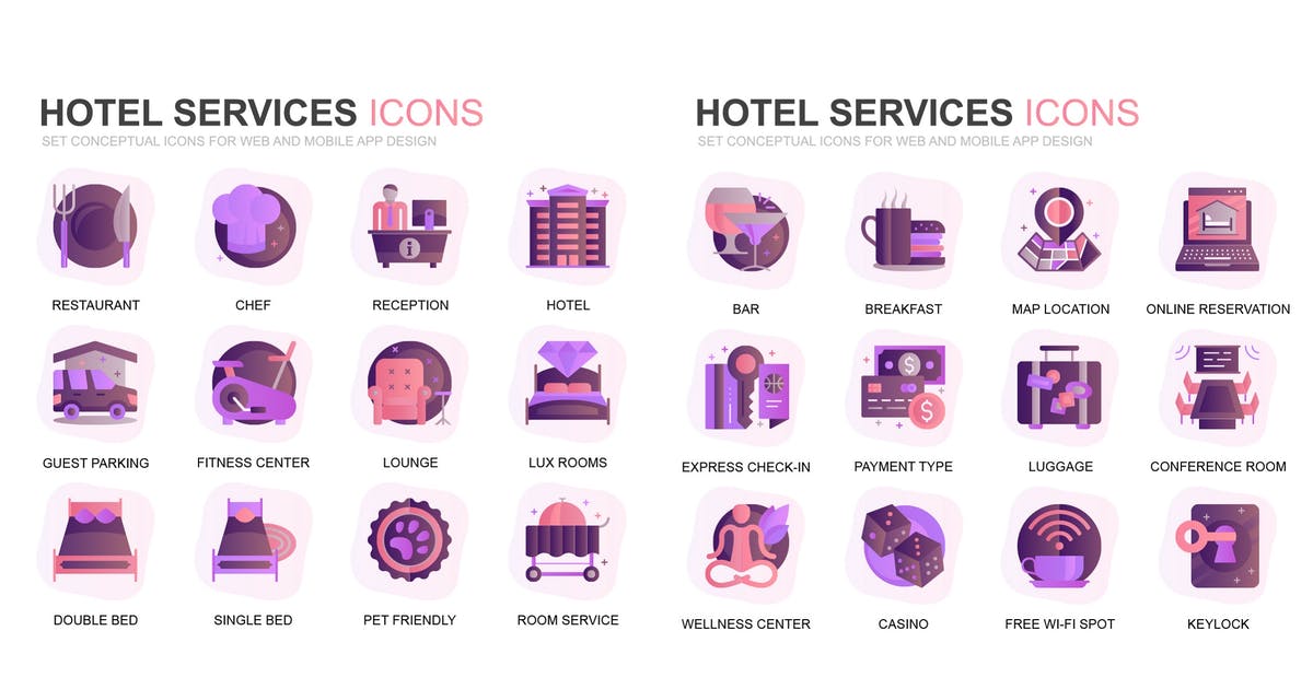 现代扁平化渐变设计风格酒店服务主题图标素材插图