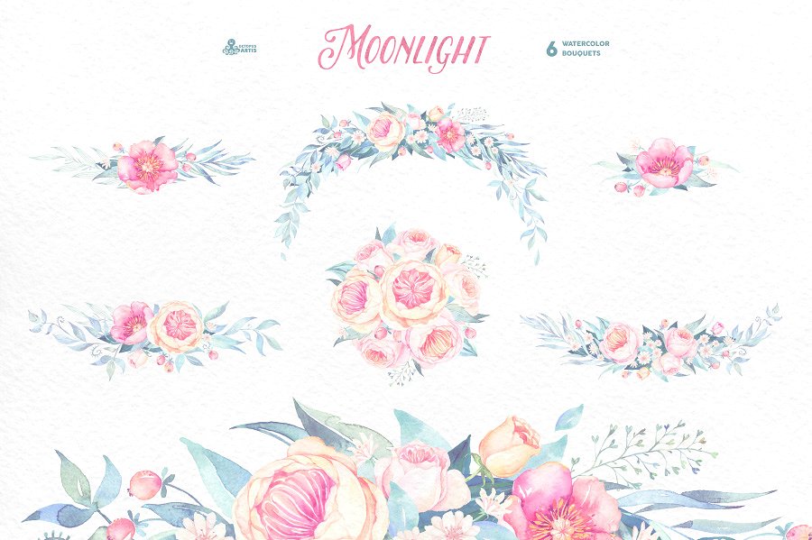 月色水彩花卉设计套装 Moonlight. Floral collection插图(1)