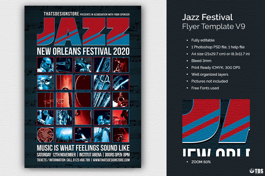 爵士音乐节活动海报设计PSD模板v9 Jazz Festival Flyer PSD V9插图