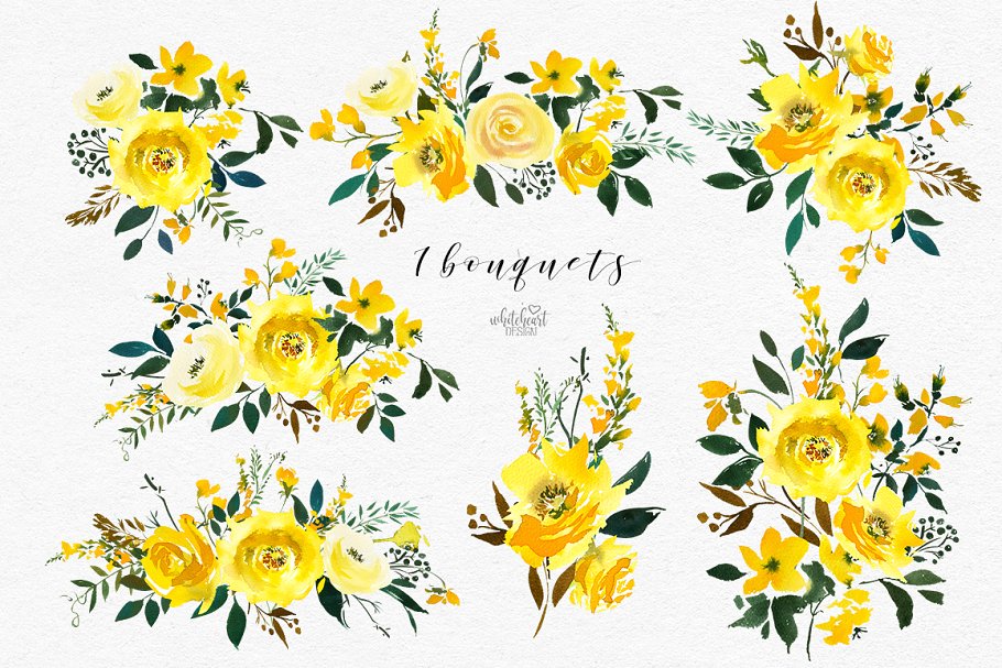 宏伟磅礴水彩花卉剪贴画 Majestic Jaune Watercolor Florals插图(1)