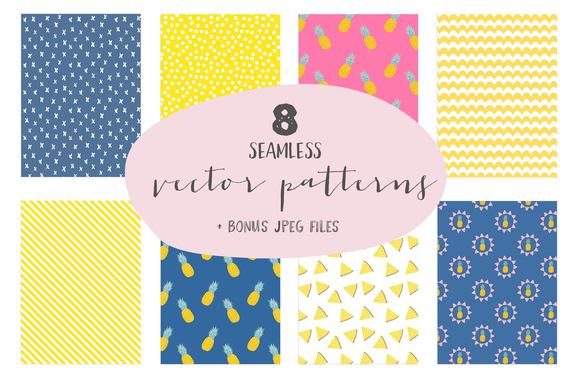 一套黄色、蓝色和粉色的现代夏季菠萝图案  Summer pineapple patterns插图