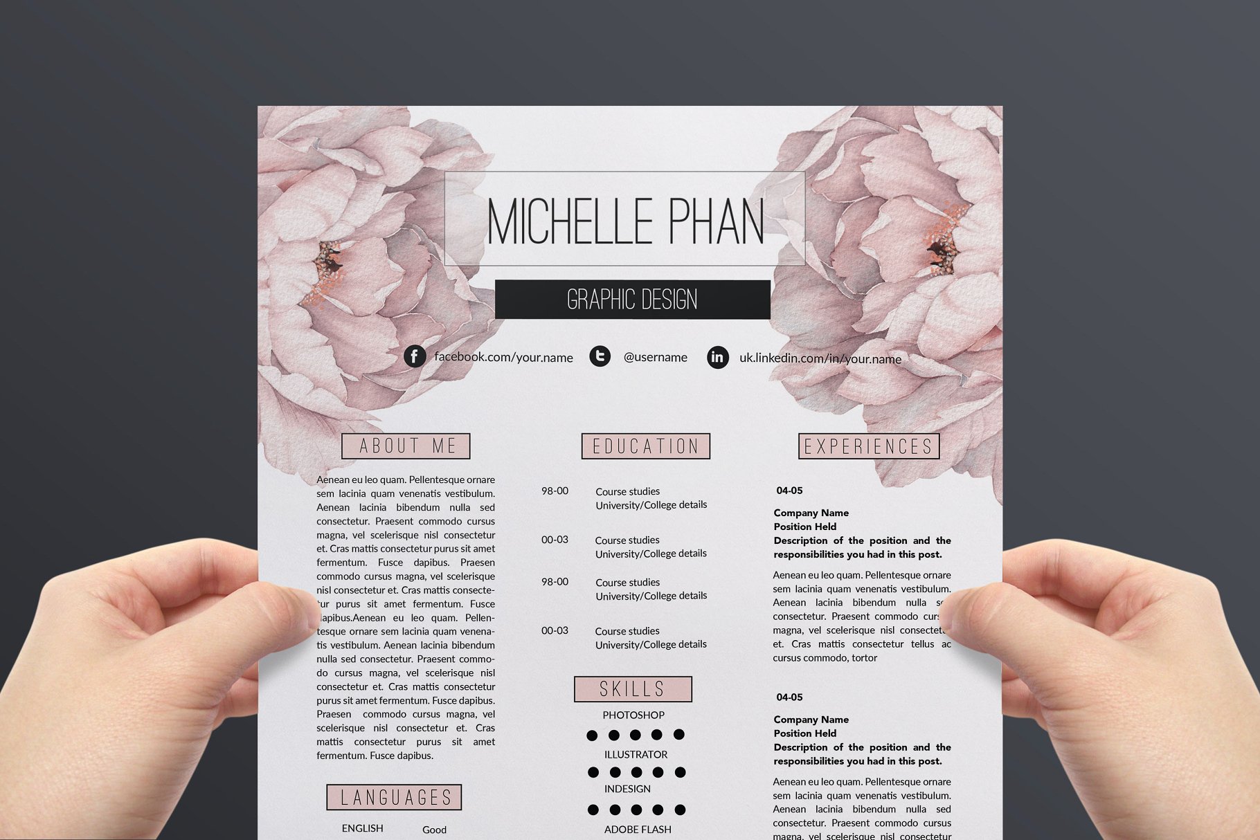 花卉装饰女性职场风格个人简历模板 Floral CV template插图(2)