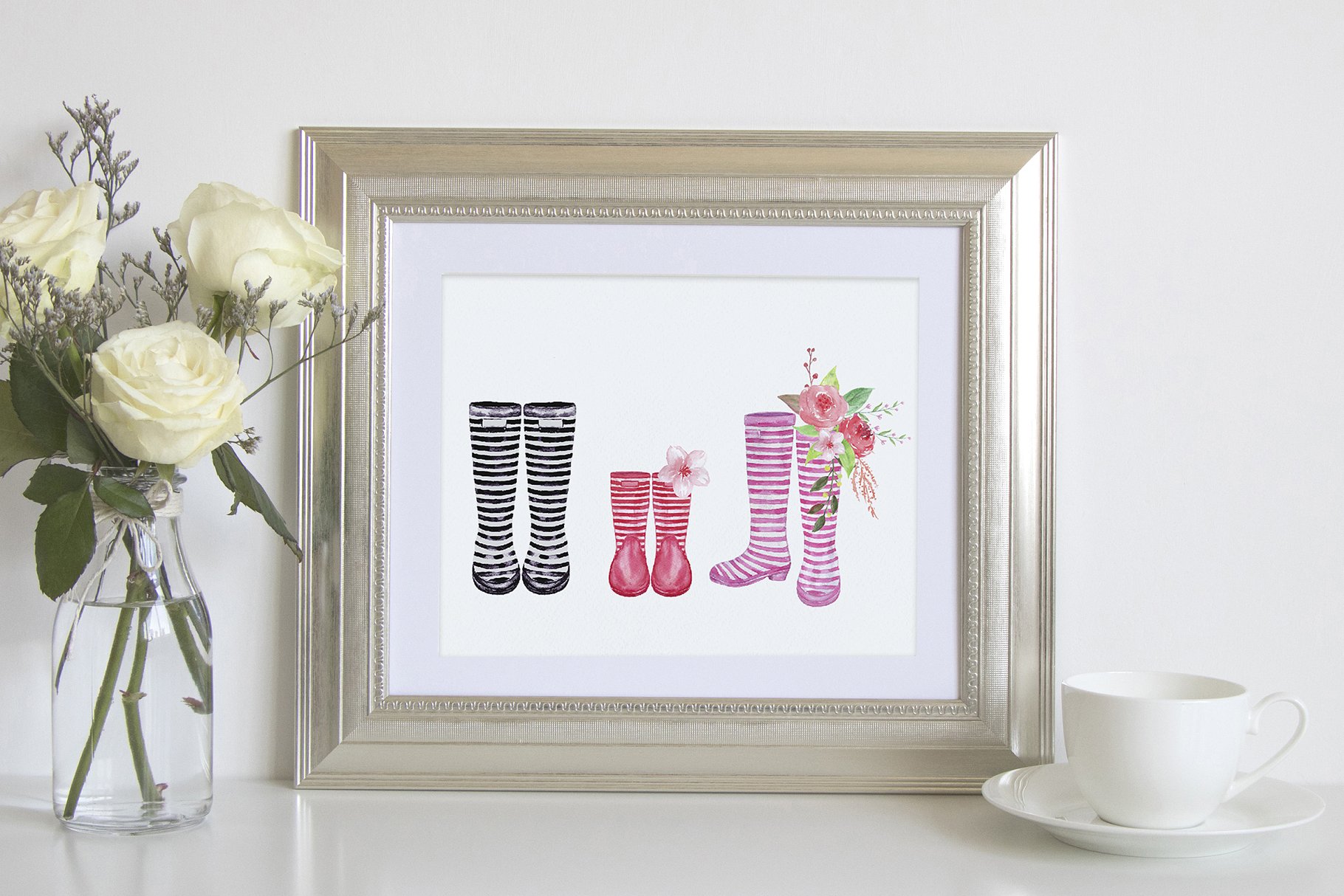 水彩条纹雨靴剪切画&水彩花卉 Watercolor Stripe Rain Boots插图(3)