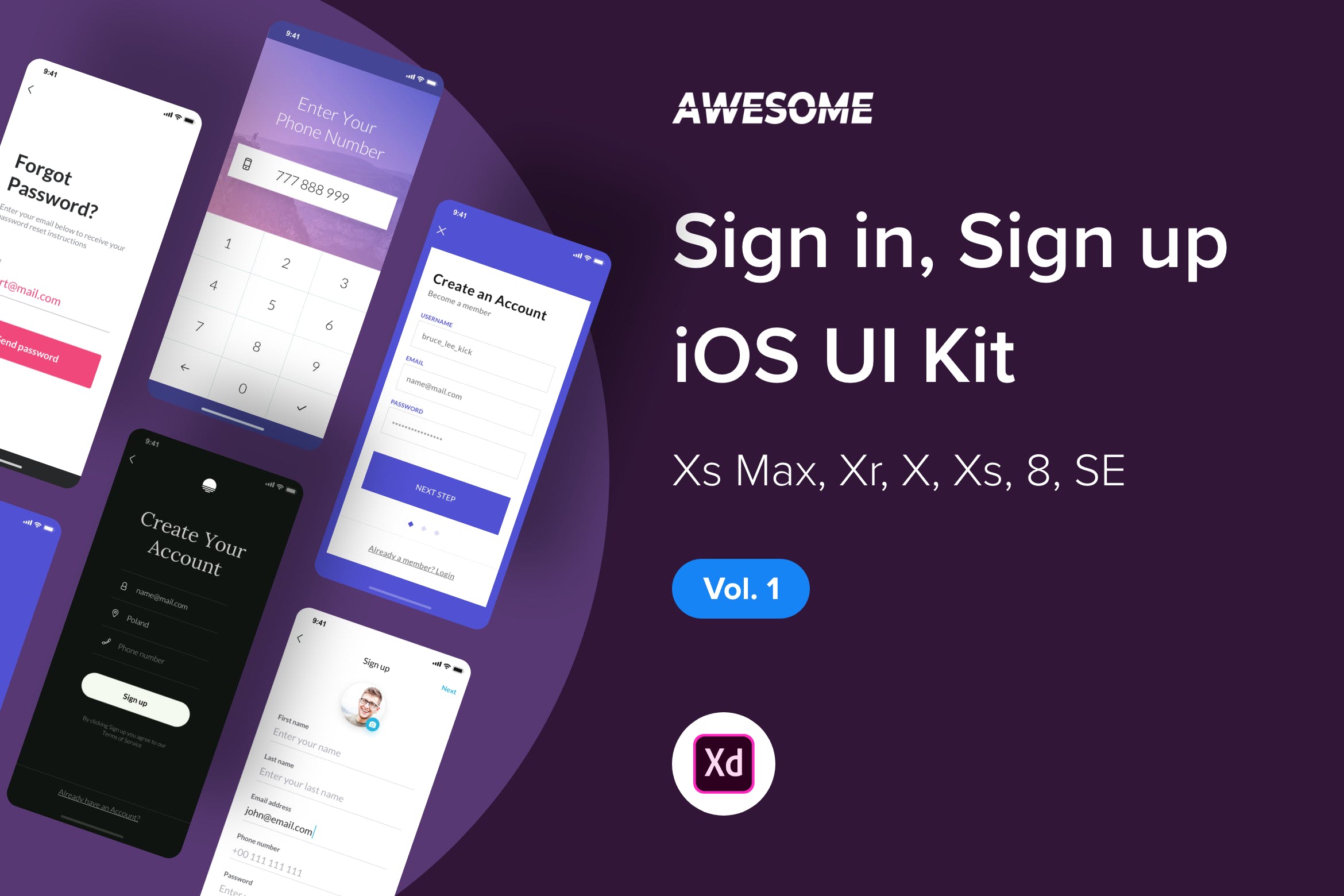 iOS平台APP应用注册登录界面设计XD模板v1 Awesome iOS UI Kit – Sign in, Sign up Vol. 1 (XD)插图