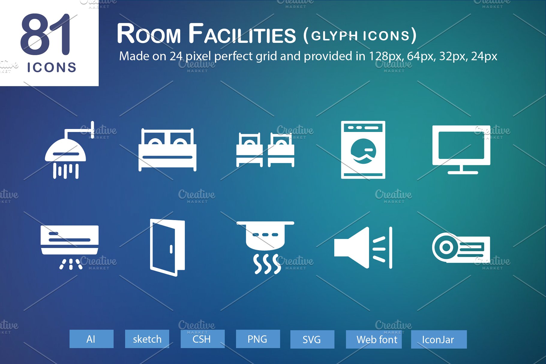81个房间家具电器设施图标 81 Room Facilities Glyph Icons插图