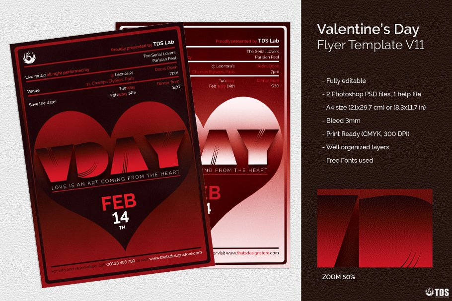 浪漫情人节主题传单PSD模板V11 Valentines Day Flyer PSD V11插图