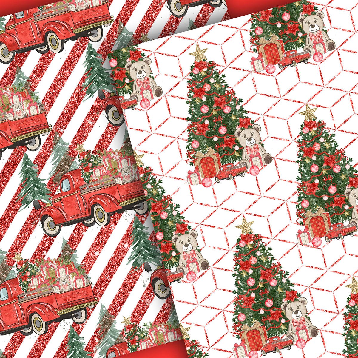 圣诞节礼物卡车手绘图案数码纸张背景素材 Christmas Car digital paper pack插图(5)
