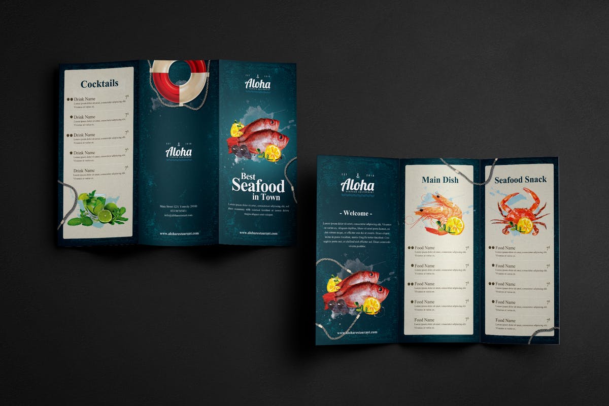 海鲜餐厅三折页菜单PSD模板 Seafood Menu 3 Fold插图