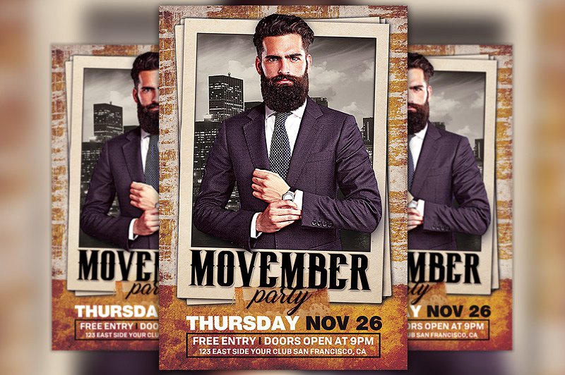 商务风格人物海报设计模板 Movember Party Flyer Template插图
