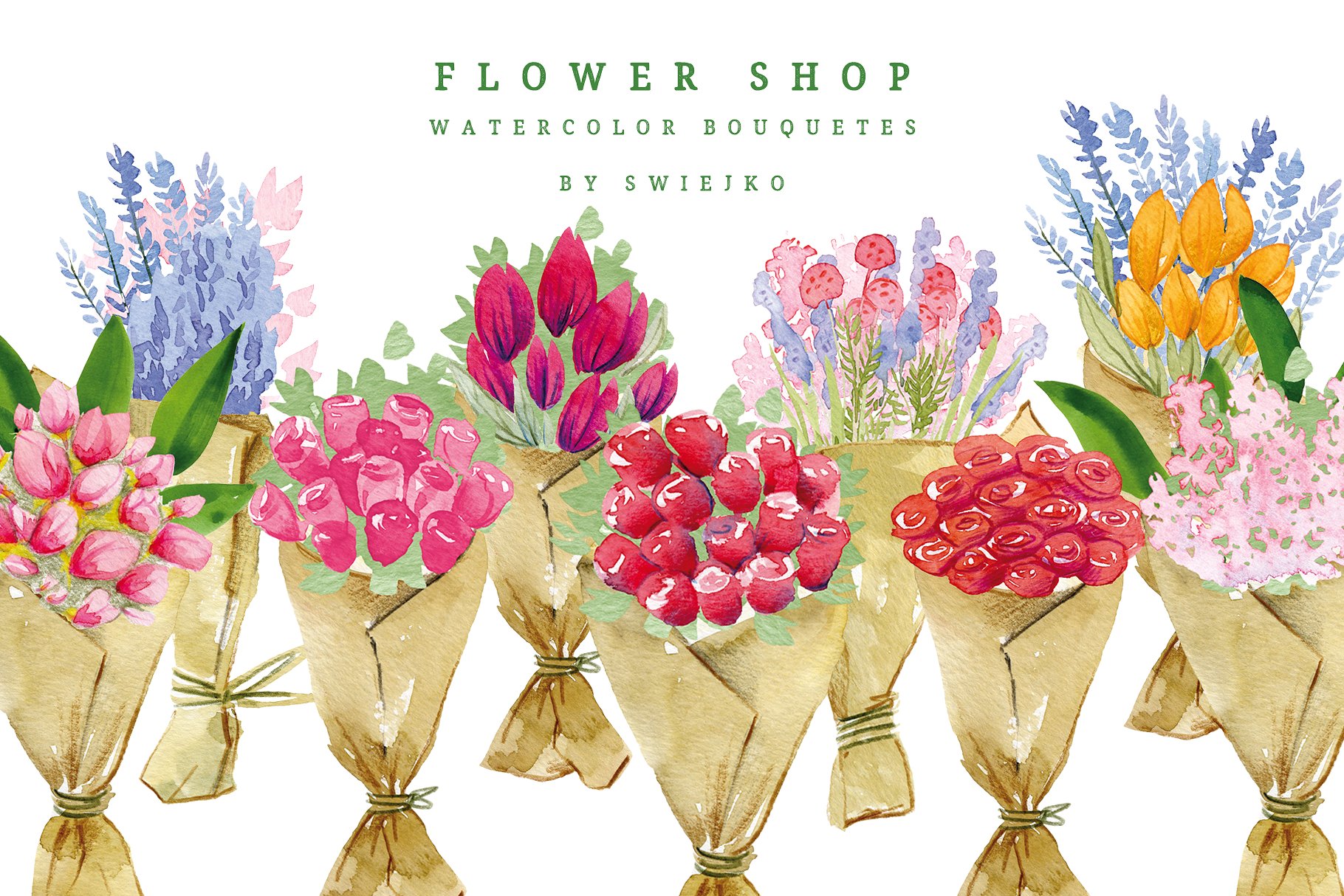 花店水彩花束剪贴画 Flower Shop, watercolor bouquets插图