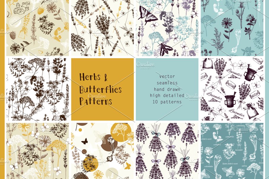 10款草药&蝴蝶图案纹理 10 Herbs & Butterflies Patterns插图