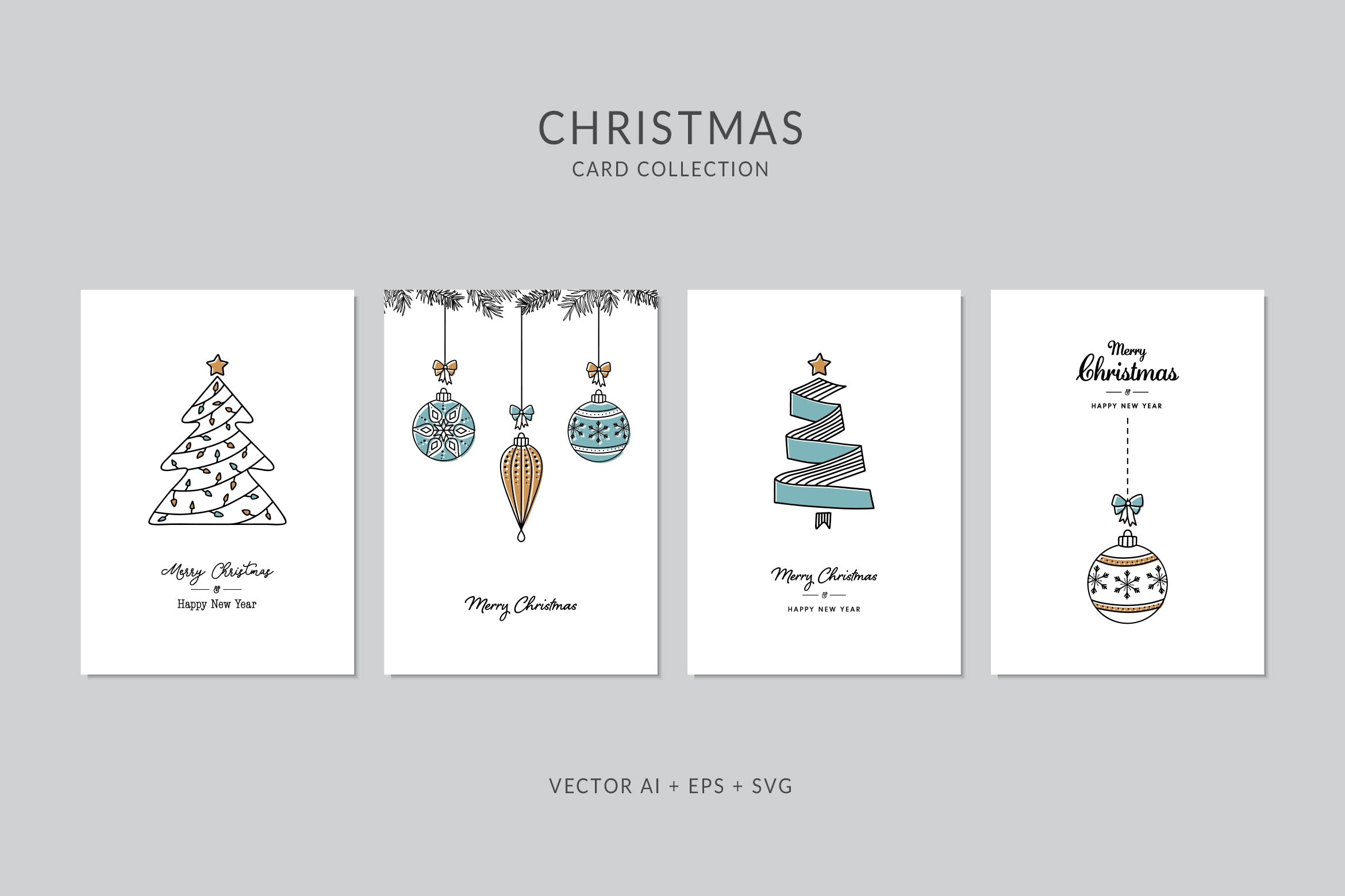圣诞装饰元素手绘图案圣诞节贺卡矢量设计模板集 Christmas Greeting Card Vector Set插图
