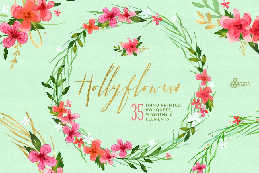 高质量手绘水彩花束剪贴画 Hollyflowers. Holiday floral set插图(3)