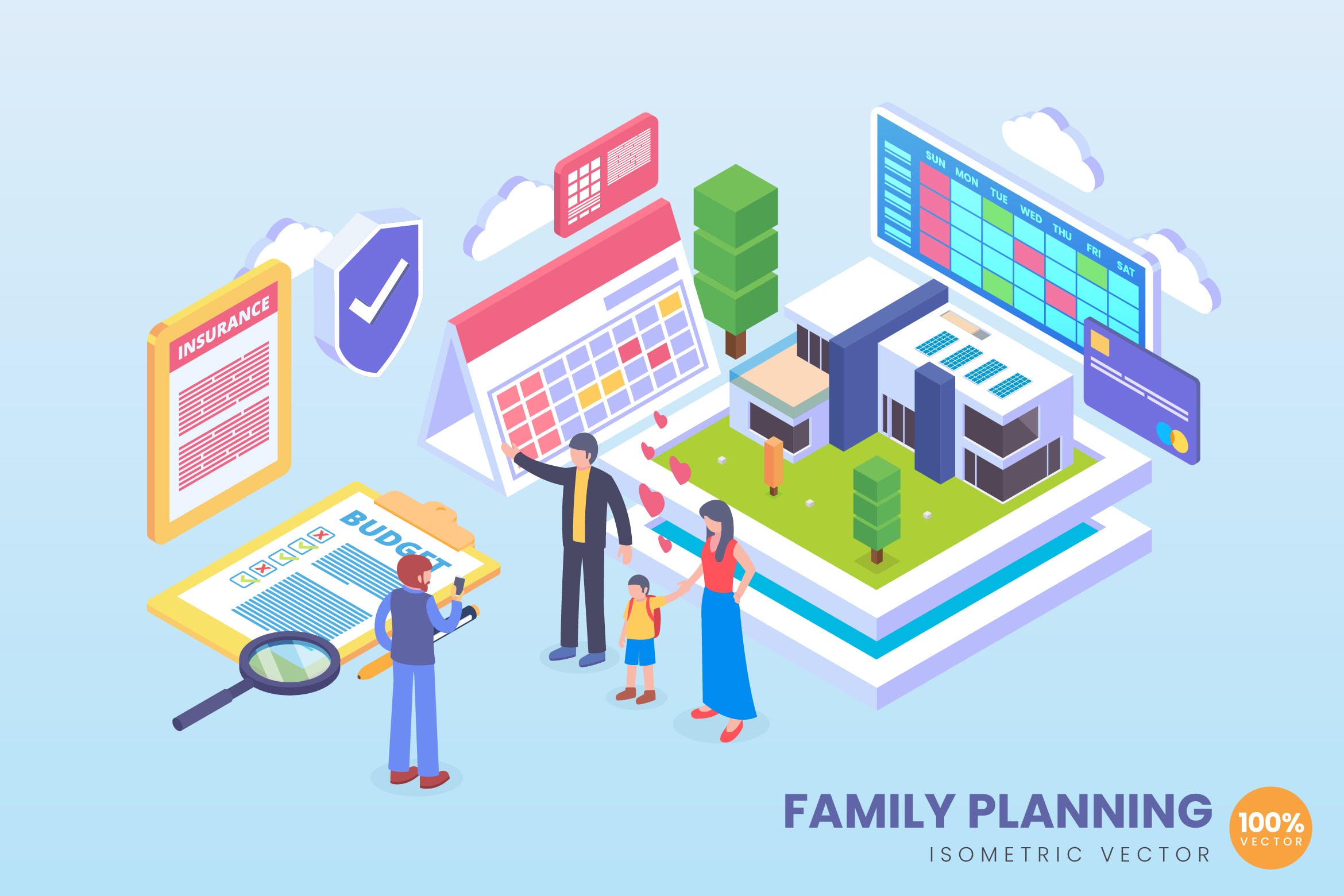 家庭未来规划主题等距概念矢量插画 Isometric Future Family Planing Vector Concept插图
