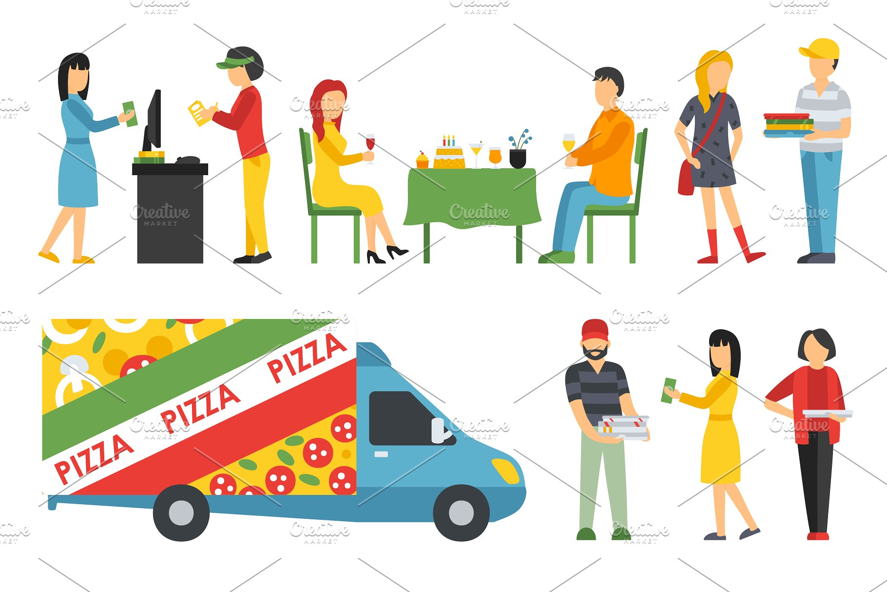各式职业人员吃披萨形象扁平化设计矢量插画 Pizzeria – flat people set插图(16)