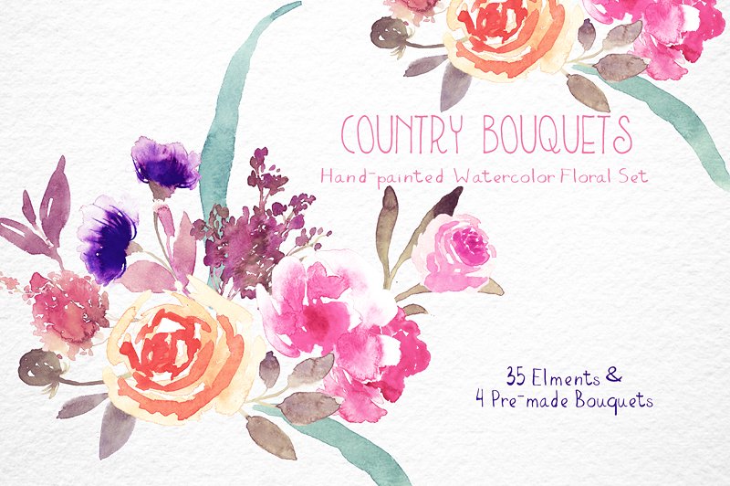 乡村水彩花束花卉剪贴画 Country Bouquets – Watercolor Floral插图(1)