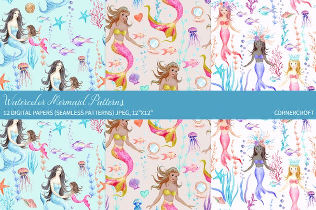水彩手绘美人鱼图案纸张背景素材 Watercolor Mermaid Digital Paper插图(2)