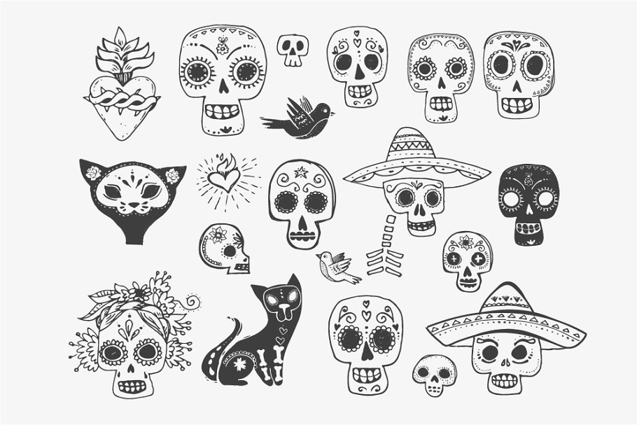 墨西哥骷髅涂鸦＆民族元素 Mexico -skull doodles & elements插图(4)
