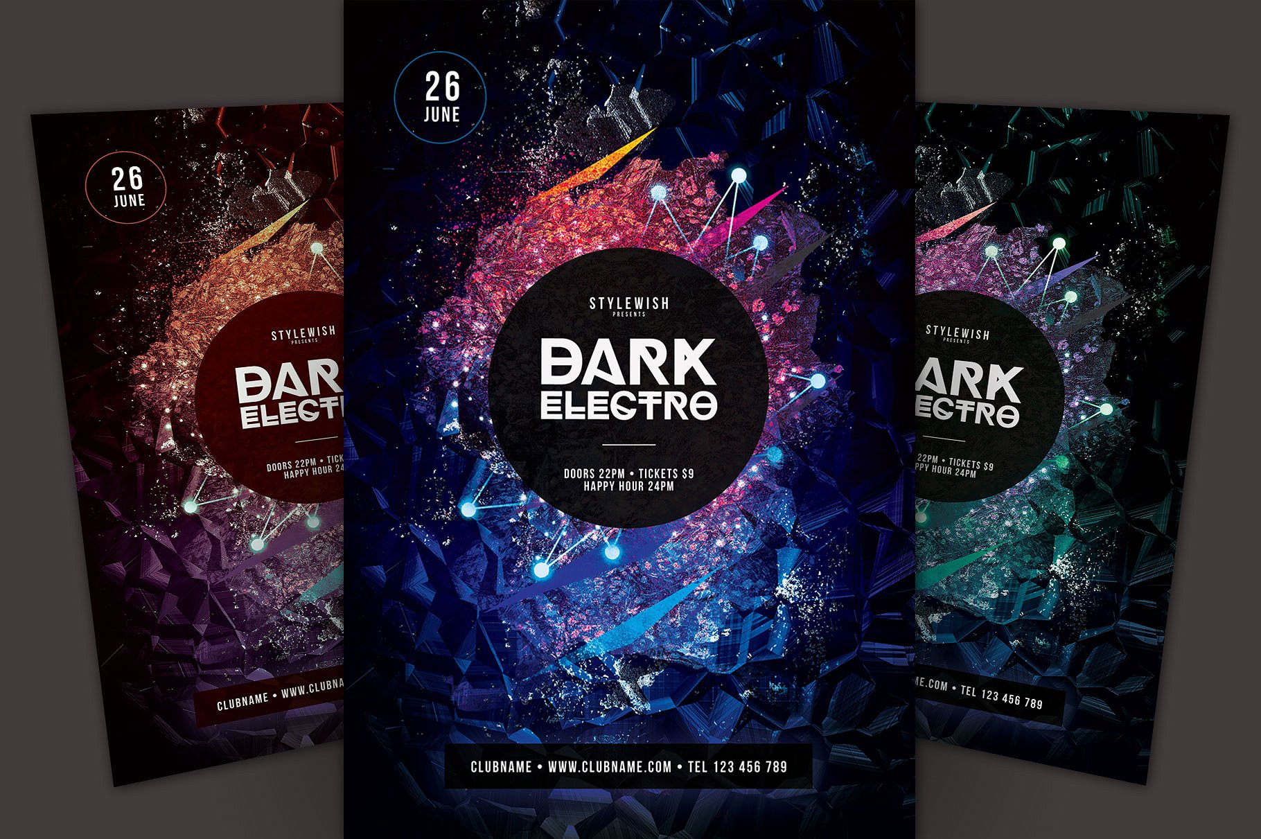暗黑色调酷炫电子音乐活动海报传单模板 Dark Electro Flyer Template插图