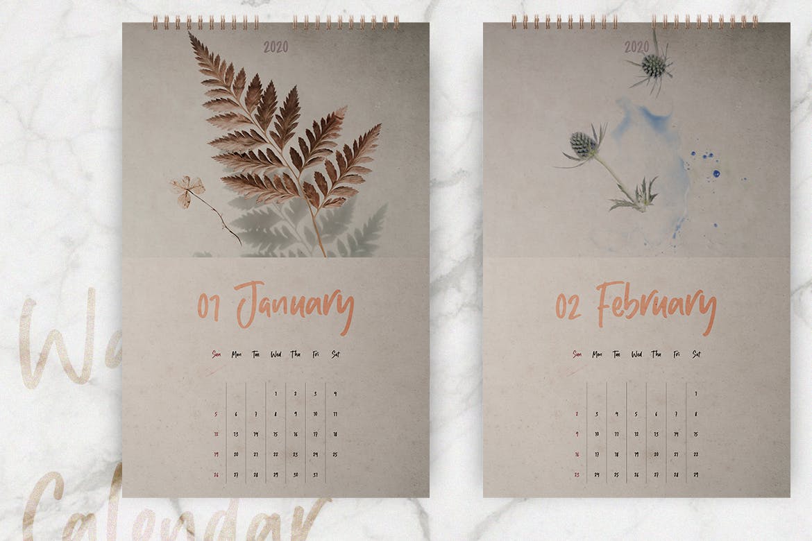 2020年植物花卉图案挂墙日历设计模板 Wall Calendar 2020 Layout插图(1)
