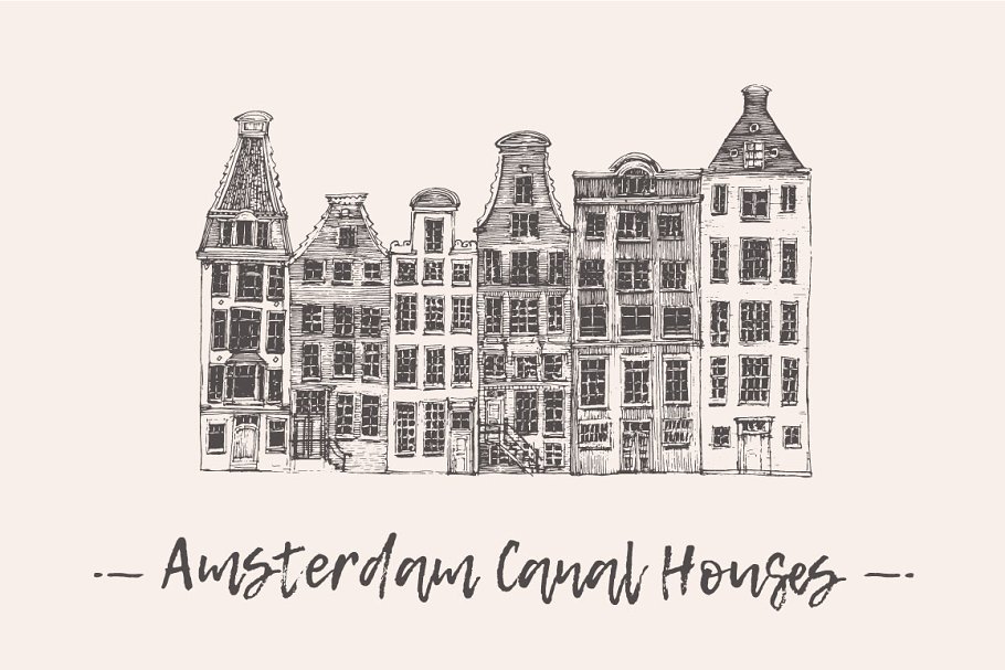 阿姆斯特丹运河住宅楼楼房素描矢量图形 Set of Amsterdam Canal Houses插图