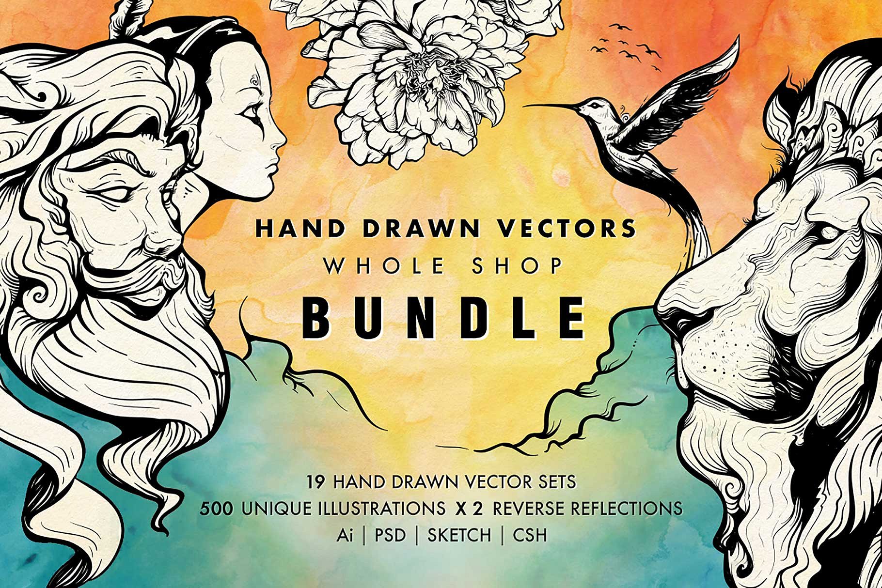 叶子、鸟&其他大量手绘图形素材 Hand Drawn Vectors Bundle插图