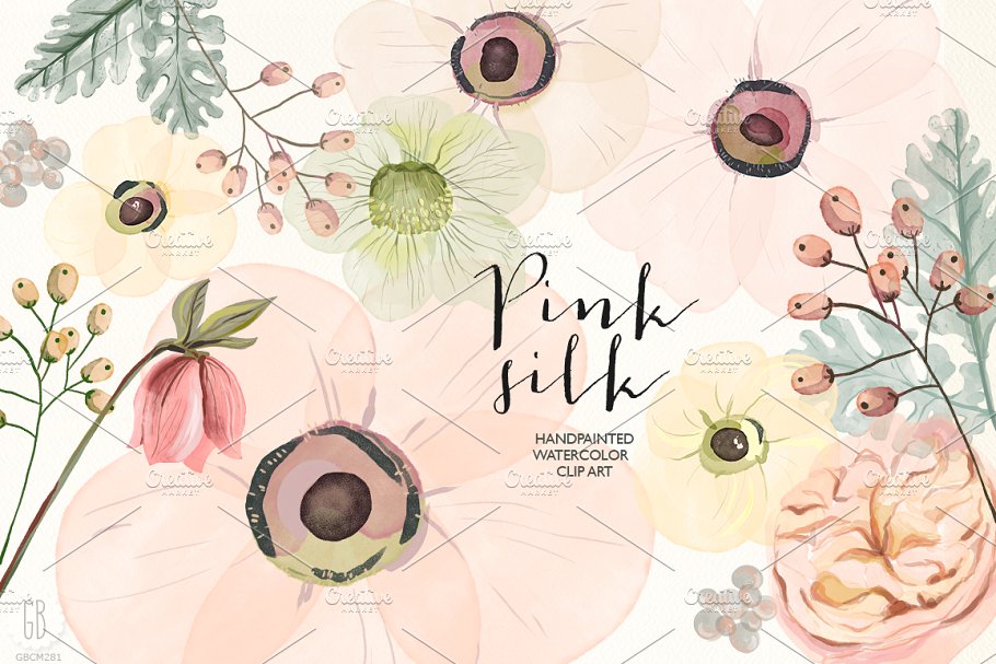 淡色系水彩少女粉植物花卉剪贴画 Watercolor pink silk flowers插图