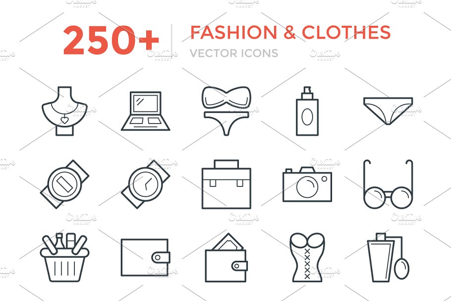 250+时尚服饰类粗线条图标 250+ Fashion and Clothes Icons插图
