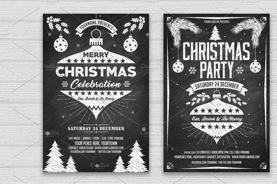 圣诞＆新年派对宣传活动粉笔黑板画模板 Christmas & New Year Chalk Flyer Set插图(1)