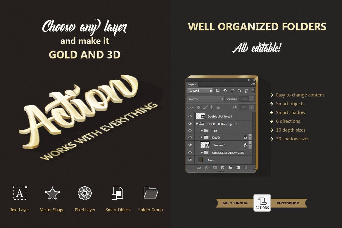 3d立体金色质感金属效果字体设计ps动作gold 3d Photoshop Action 非凡素材网