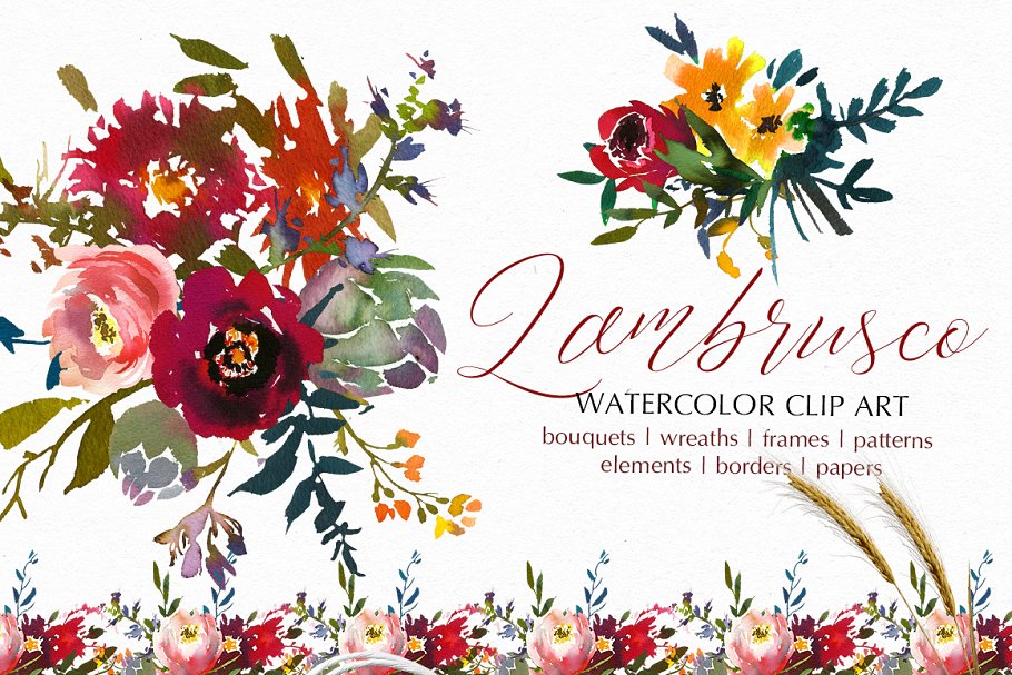 波尔多水彩花卉艺术设计素材 Bordo Watercolor Floral Clip Art Set插图(8)