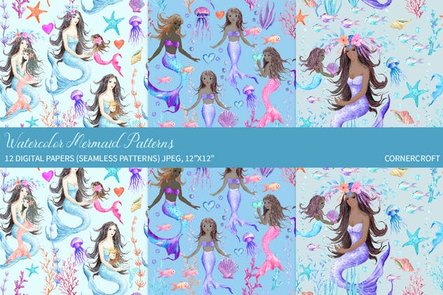 水彩手绘美人鱼图案纸张背景素材 Watercolor Mermaid Digital Paper插图(3)
