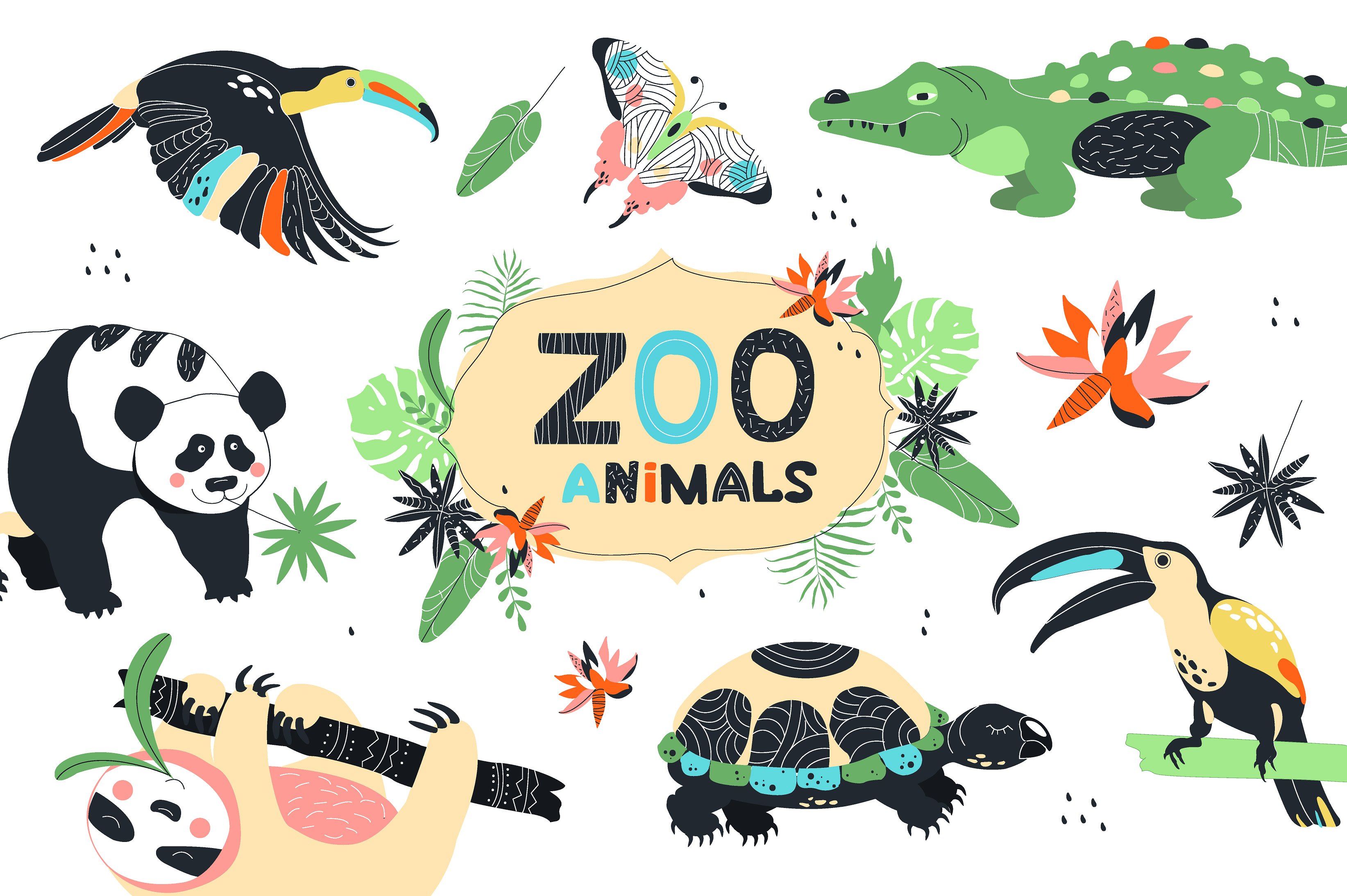 动物园和植物矢量手绘风格的无缝背景图案插图(1)