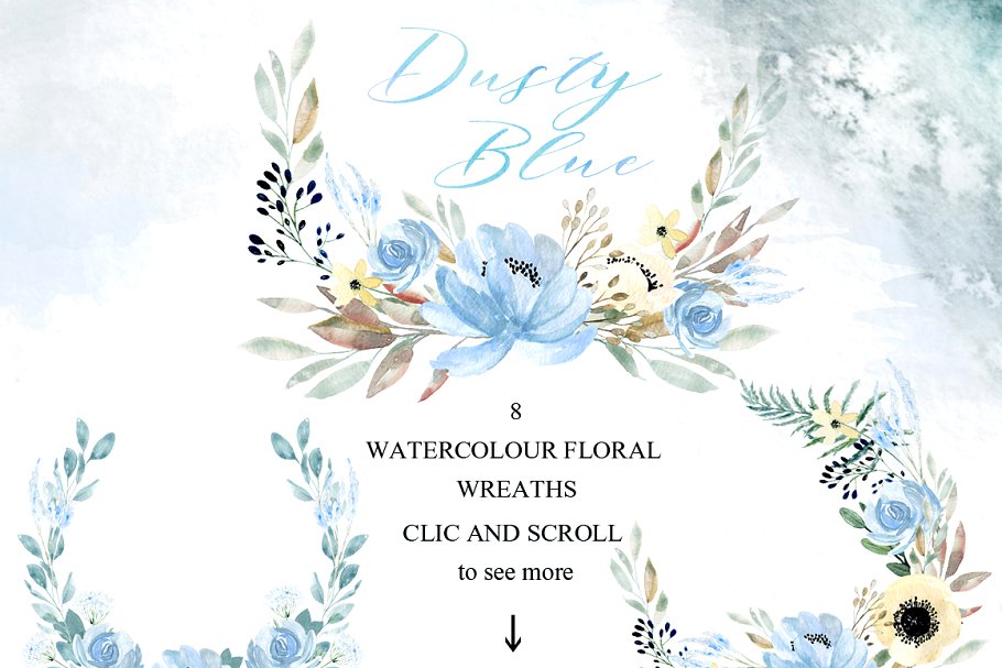 灰蓝色&金色水彩花卉图案 Dusty blue gold. Watercolor floral插图(5)