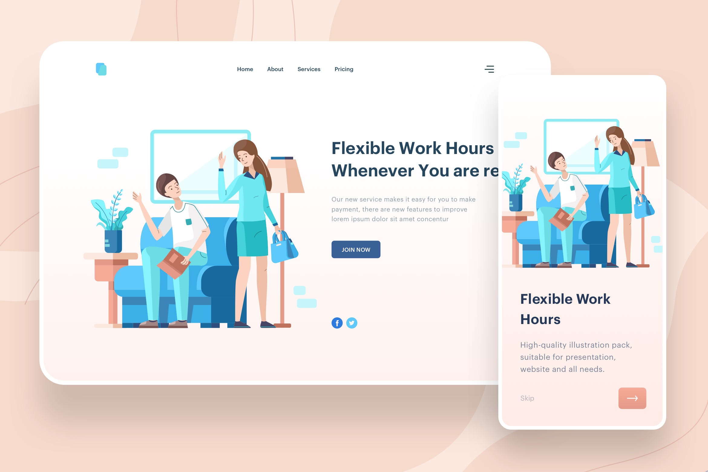 弹性工作时间主题APP&Web矢量插画 Flexible Work Hours Illustration – Website Header插图