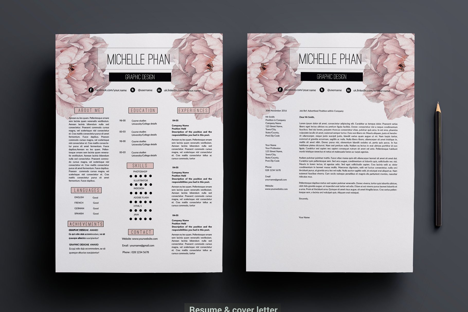 花卉装饰女性职场风格个人简历模板 Floral CV template插图(1)