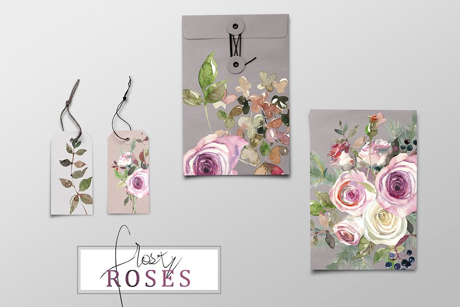霜白玫瑰花水彩画设计素材 Frosty Roses Watercolor Flowers Set插图(23)