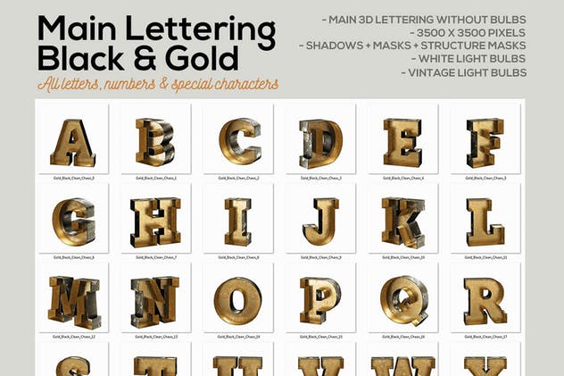 大帐篷灯泡装饰金属字体场景模板11 Marquee Light Bulbs Chaos 11 – Gold Black Letters插图(1)