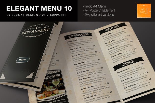 复古优雅餐厅菜单设计PSD模板 Elegant Food Menu 10 Illustrator Template插图(1)