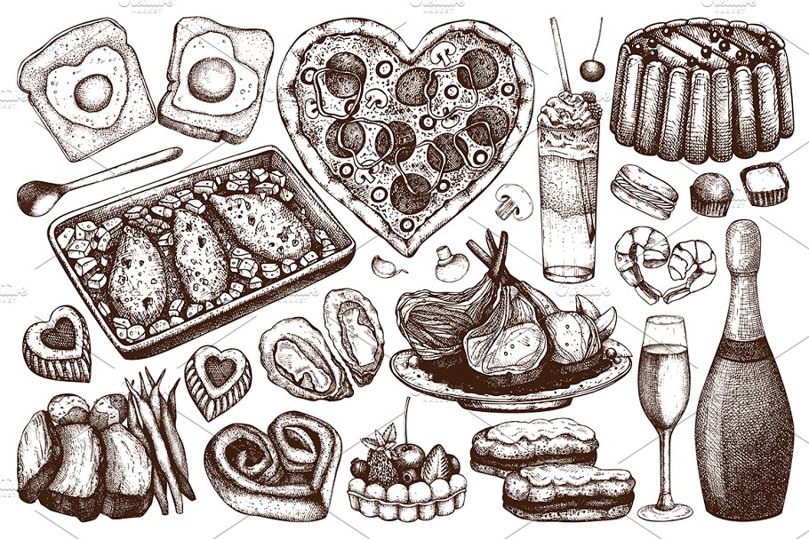 情人节主题配色食品和饮料手绘插画 Food & Drinks for Valentine’s Day插图(2)