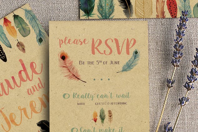 水彩羽毛婚礼邀请函设计PSD模板 Watercolor Feather Wedding Invitation插图(2)