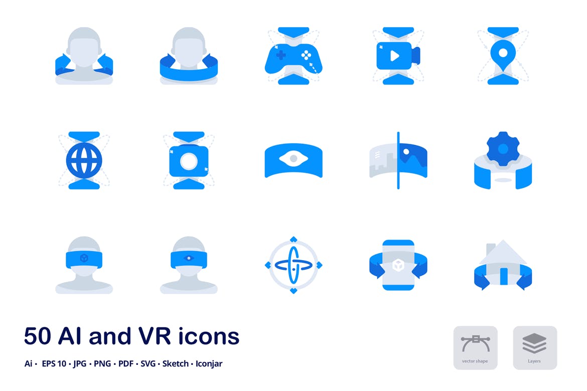 智能AI&虚拟现实VR主题双色调扁平化矢量图标 AI and VR Accent Duo Tone Flat Icons插图(2)