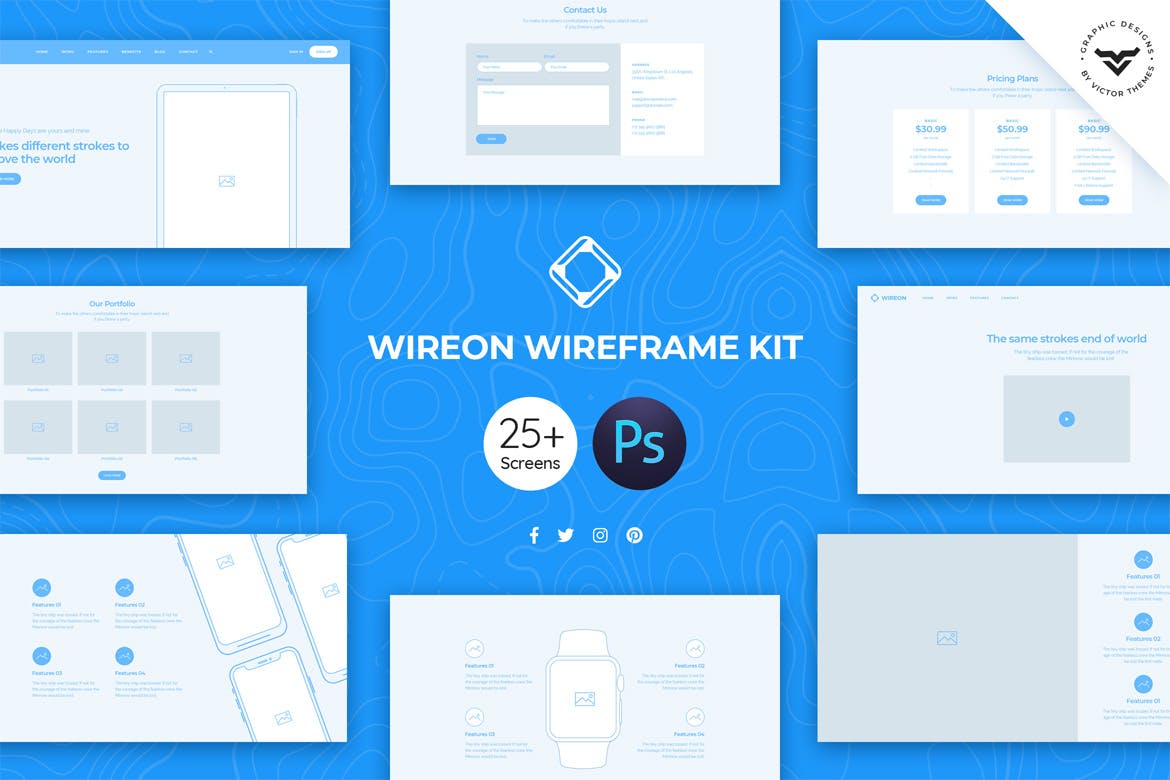 网站设计线框图设计套件 Wireon Web Wireframe Kit插图(1)
