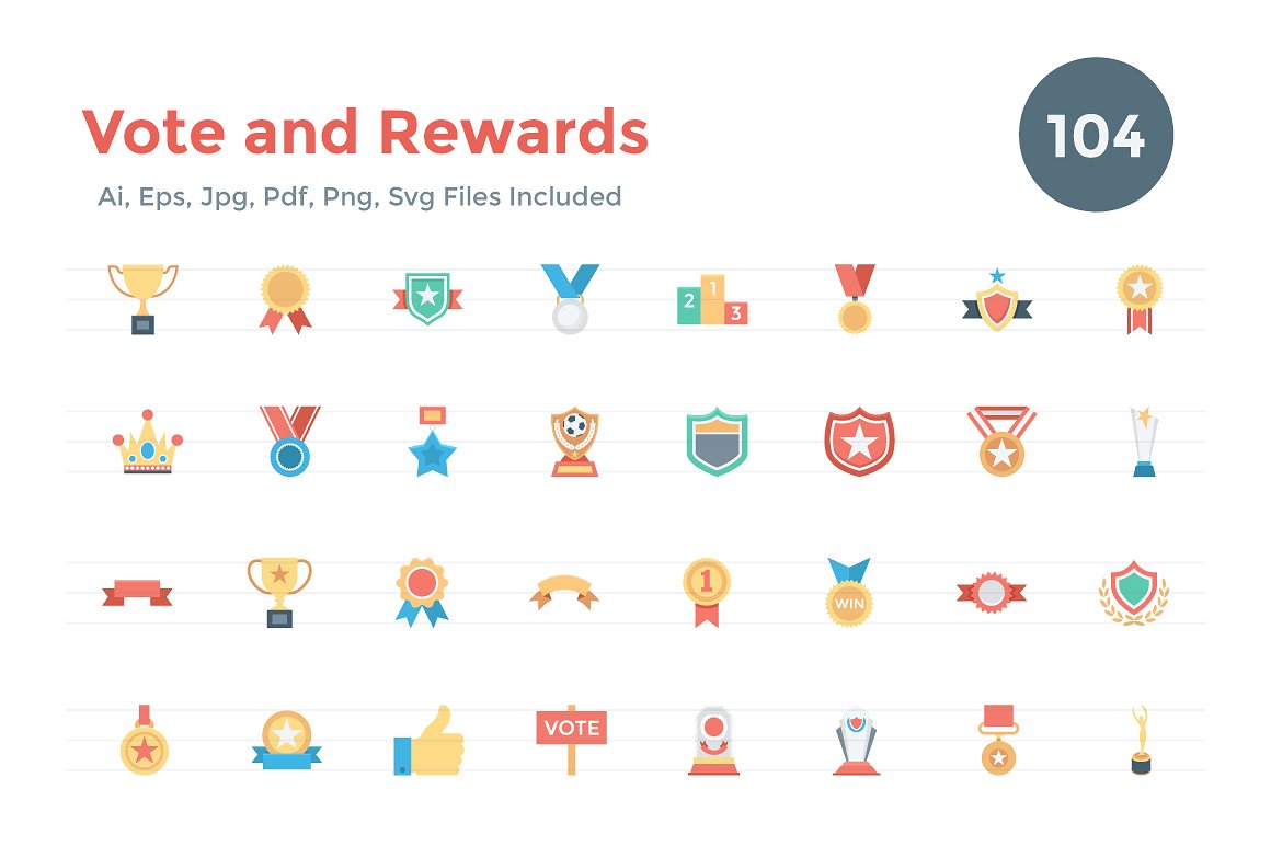 扁平风格投票&奖项主题图标集 104 Flat Vote and Rewards Icons插图