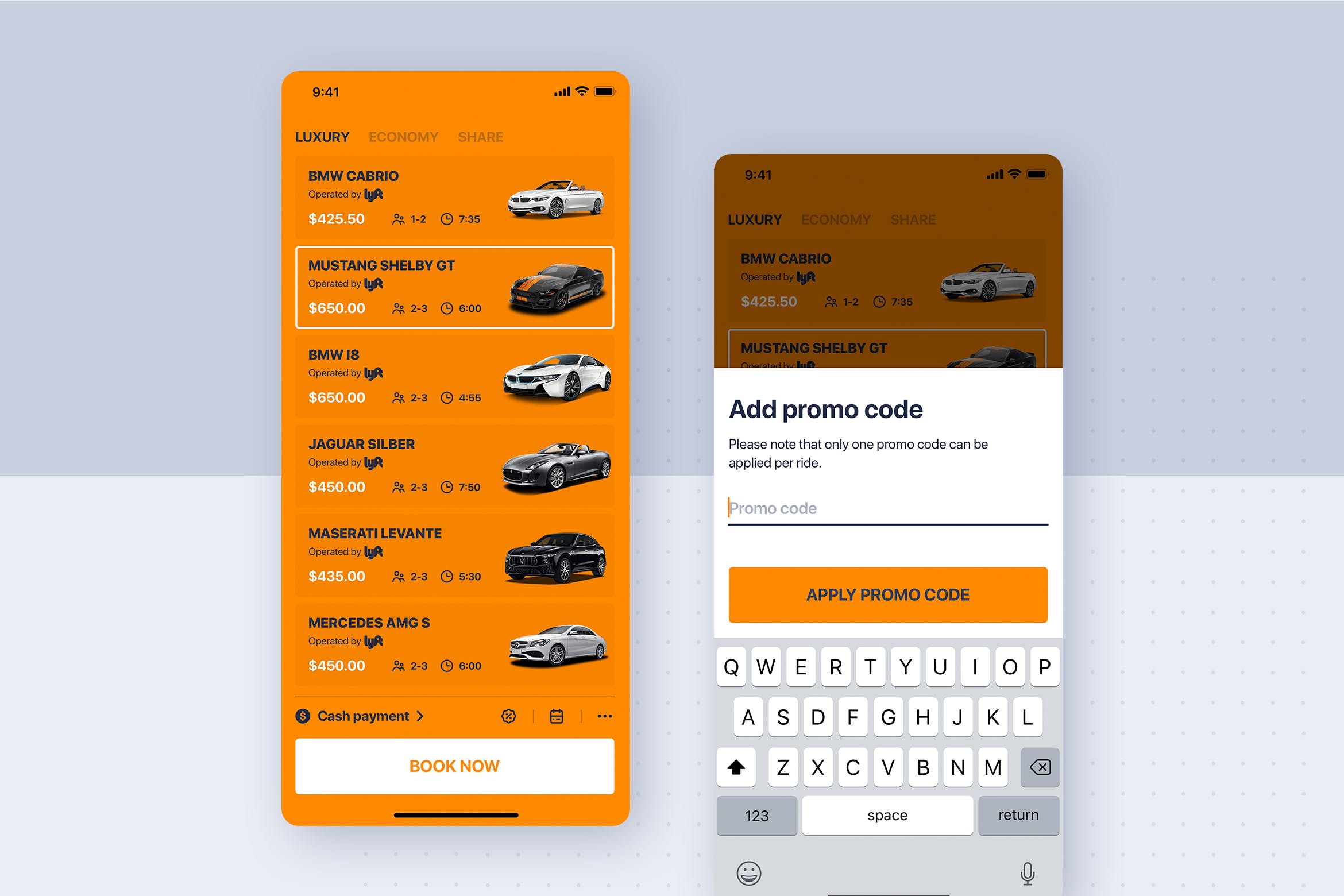 类滴滴打车APP应用优惠券添加界面设计模板 Car rental mobile UI Kit – Add promo code插图