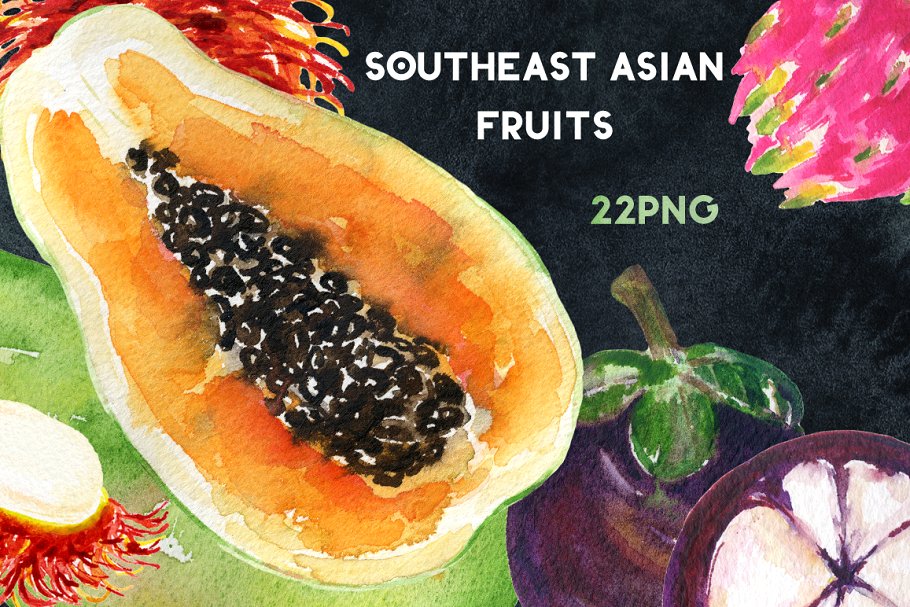 亚洲热带水果水彩剪切画 Tropical Asian fruits watercolor插图(2)