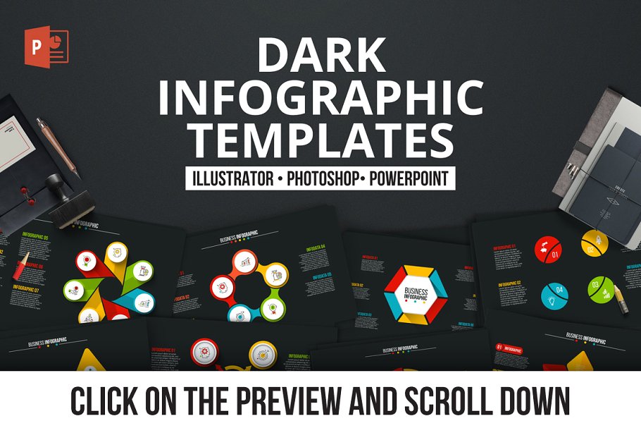 酷黑背景数据演示信息图表幻灯片模板素材 Dark infographics templates插图(1)